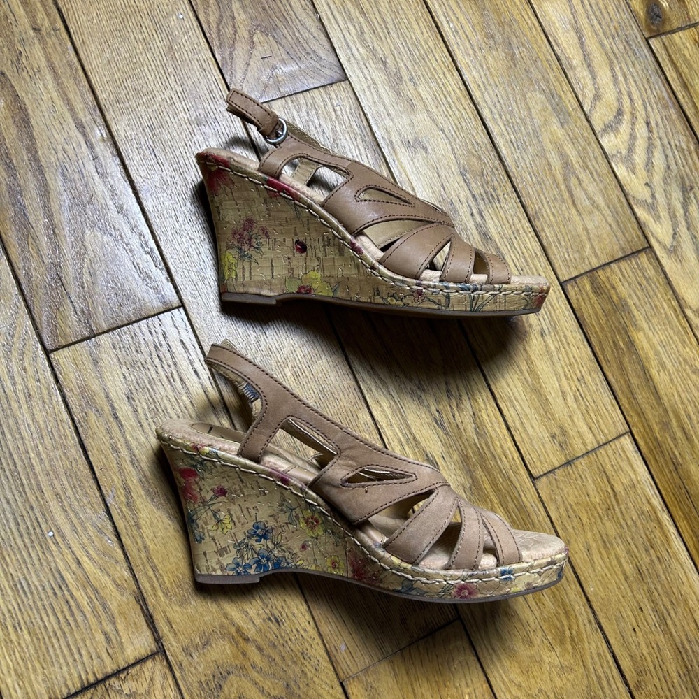 b.o.c. Born Concept Tan Floral Cork Wedge Sandals Slingback BC6609 Womens 6